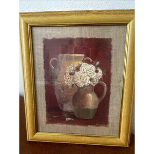 Vivian Flasch White Roses w/2 Pitchers Print  10 x 12.75” Framed Signed